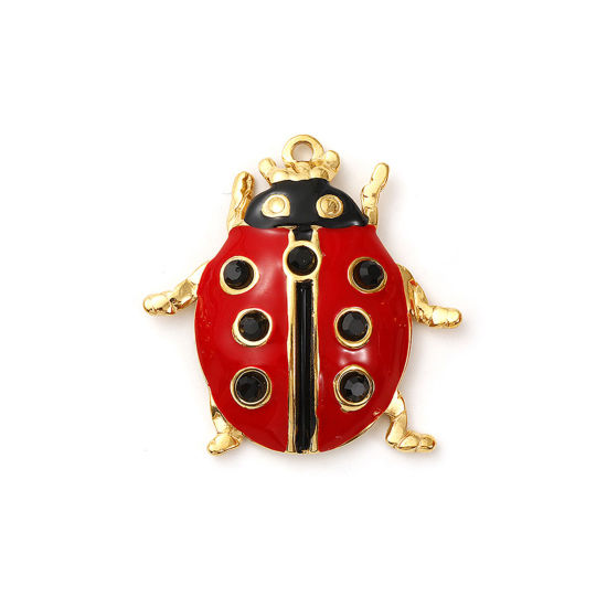 Immagine di 1 Pz Placcatura Sottovuoto PVD Ecologica 304 Acciaio Inossidabile Ciondoli 18K Vero Oro Placcato Rosso Smalto Coccinella Nero Strass 29mm x 29mm
