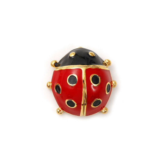 Immagine di 1 Pz Placcatura Sottovuoto PVD Ecologica 304 Acciaio Inossidabile Ciondoli 18K Vero Oro Placcato Rosso Smalto Coccinella 26mm x 26mm