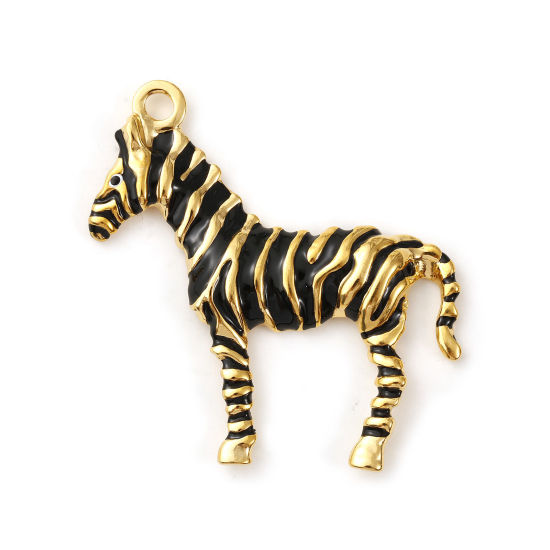 Picture of 1 Piece Eco-friendly PVD Vacuum Plating 304 Stainless Steel Pendants 18K Real Gold Plated Black Enamel Horse Animal Stripe 4.3cm x 4.2cm