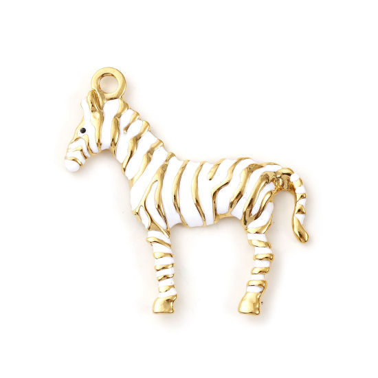 Picture of 1 Piece Eco-friendly PVD Vacuum Plating 304 Stainless Steel Pendants 18K Real Gold Plated White Enamel Horse Animal Stripe 4.3cm x 4.2cm