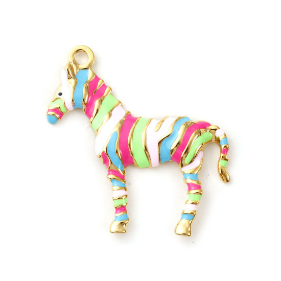 Picture of 1 Piece Eco-friendly PVD Vacuum Plating 304 Stainless Steel Pendants 18K Real Gold Plated Multicolor Enamel Horse Animal Stripe 4.3cm x 4.2cm