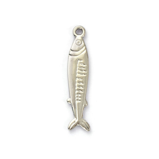 Immagine di 5 Pz Ecologico 304 Acciaio Inossidabile Gioielli Oceanici Ciondoli Pendenti Tono Argento Pesce 3.5cm x 0.7cm