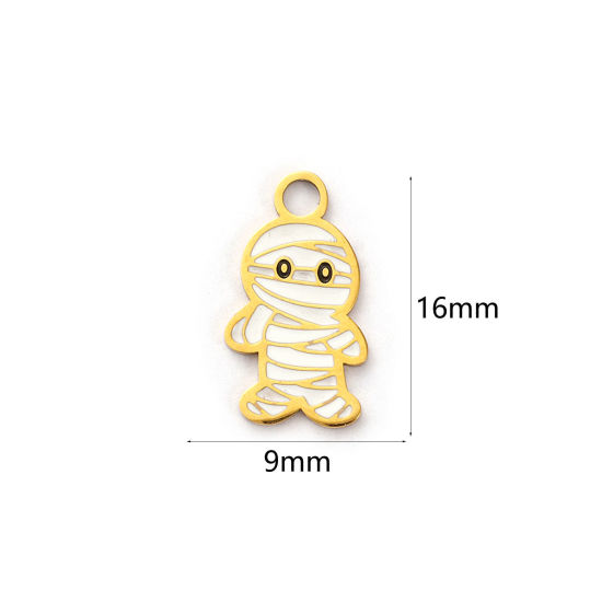 Изображение 1 ШТ Экологичное вакуумное PVD-покрытие 304 Нержавеющая Сталь Подвески 18K настоящее золото с покрытием Белый С Эмалью Хэллоуин Мумия 16мм x 9мм