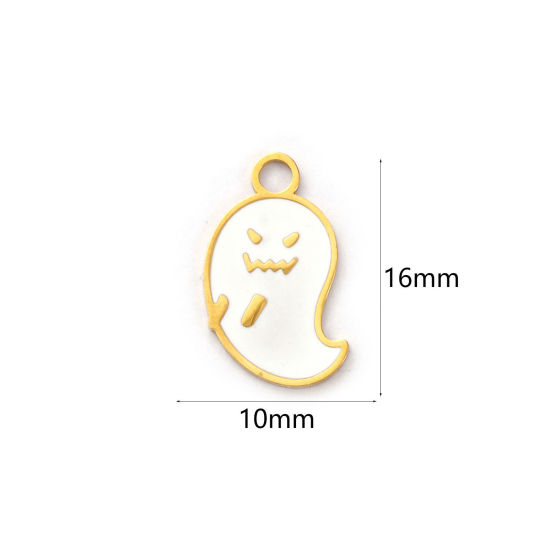 Изображение 1 ШТ Экологичное вакуумное PVD-покрытие 304 Нержавеющая Сталь Подвески 18K настоящее золото с покрытием Белый С Эмалью Хэллоуин Призрак 16мм x 10мм