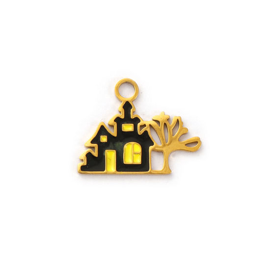 Изображение 1 ШТ Экологичное вакуумное PVD-покрытие 304 Нержавеющая Сталь Подвески 18K настоящее золото с покрытием Черный С Эмалью Хэллоуин Дом с привидениями 17мм x 13.5мм