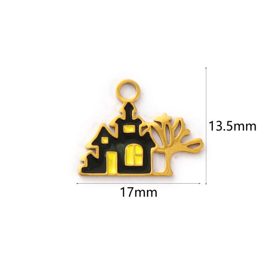 Изображение 1 ШТ Экологичное вакуумное PVD-покрытие 304 Нержавеющая Сталь Подвески 18K настоящее золото с покрытием Черный С Эмалью Хэллоуин Дом с привидениями 17мм x 13.5мм