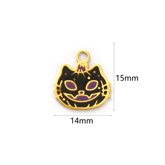Изображение 1 ШТ Экологичное вакуумное PVD-покрытие 304 Нержавеющая Сталь Подвески 18K настоящее золото с покрытием Черный С Эмалью Хэллоуин Кошка 15мм x 14мм