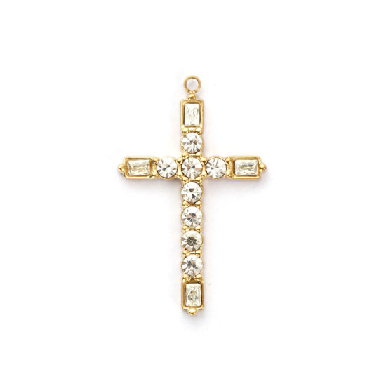 Immagine di 1 Pz Placcatura Sottovuoto PVD Ecologica 304 Acciaio Inossidabile Religione Ciondoli Pendenti 18K Vero Oro Placcato Croce Trasparente Cubic Zirconiae 3.3cm x 2cm