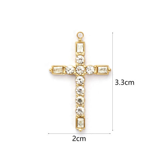 Immagine di 1 Pz Placcatura Sottovuoto PVD Ecologica 304 Acciaio Inossidabile Religione Ciondoli Pendenti 18K Vero Oro Placcato Croce Trasparente Cubic Zirconiae 3.3cm x 2cm