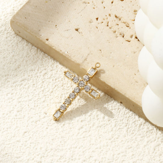 Immagine di 1 Pz Placcatura Sottovuoto PVD Ecologica 304 Acciaio Inossidabile Religione Ciondoli Pendenti 18K Vero Oro Placcato Croce Trasparente Cubic Zirconiae 3.3cm x 2cm