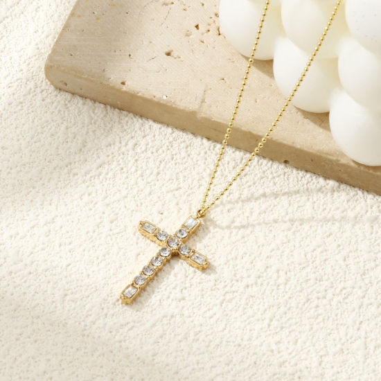 Immagine di 1 Pz Placcatura Sottovuoto PVD Ecologica 304 Acciaio Inossidabile Religione Ciondoli Pendenti 18K Vero Oro Placcato Croce Trasparente Cubic Zirconiae 3.3cm x 2cm