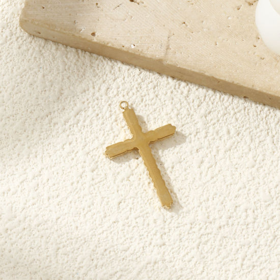 Immagine di 1 Pz Placcatura Sottovuoto PVD Ecologica 304 Acciaio Inossidabile Religione Ciondoli Pendenti 18K Vero Oro Placcato Croce Trasparente Cubic Zirconiae 3.3cm x 2cm