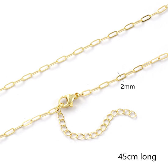 Bild von 2 Strange Umweltfreundlich Messing Exquisit Büroklammerkette Halskette 18K Echtgold plattiert 45cm + 5cm lang, Kettengröße: 2mm