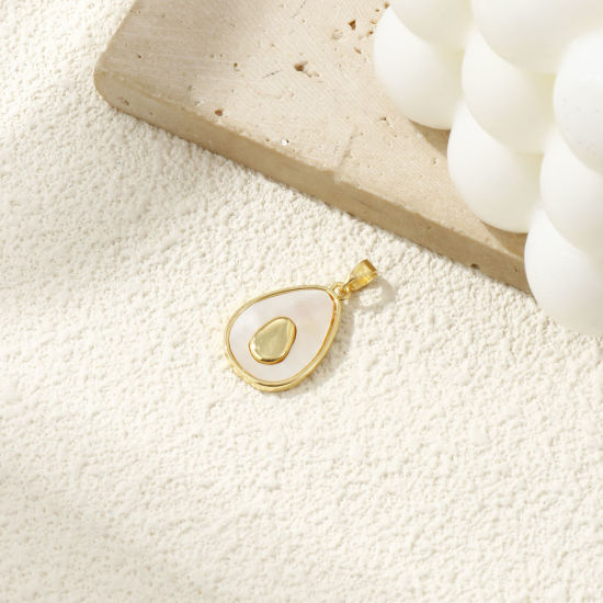 Immagine di 1 Pz Conchiglie Naturali & Ottone Ciondoli Pendenti Placcato Oro 18K Bianco Avocado 27mm x 15mm