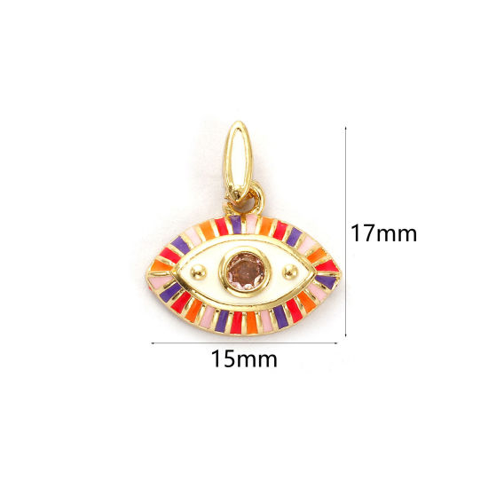 Immagine di 1 Pz Ecologico Ottone Ciondoli 18K Vero Oro Placcato Multicolore Smalto Occhi Rosa Cubic Zirconiae 17mm x 15mm