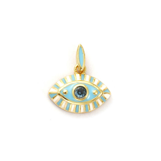 Immagine di 1 Pz Ecologico Ottone Ciondoli 18K Vero Oro Placcato Bianco Smalto Occhi Blu Cubic Zirconiae 17mm x 15mm