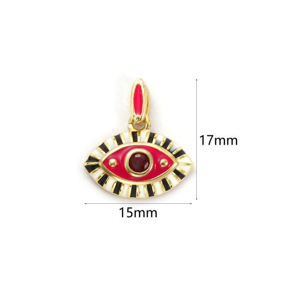 Immagine di 1 Pz Ecologico Ottone Ciondoli 18K Vero Oro Placcato Nero Smalto Occhi Vino Rosso Cubic Zirconiae 17mm x 15mm