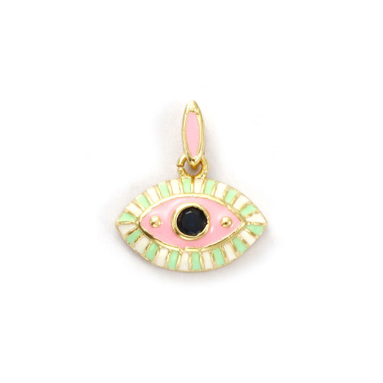 Immagine di 1 Pz Ecologico Ottone Ciondoli 18K Vero Oro Placcato Verde Chiaro Smalto Occhi Blu Scuro Cubic Zirconiae 17mm x 15mm