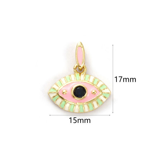 Immagine di 1 Pz Ecologico Ottone Ciondoli 18K Vero Oro Placcato Verde Chiaro Smalto Occhi Blu Scuro Cubic Zirconiae 17mm x 15mm