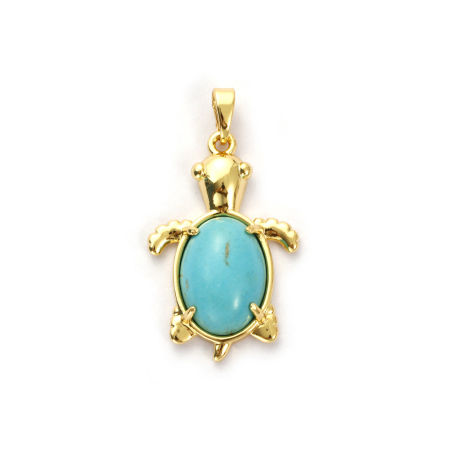 Immagine di 2 Pz Ottone Gioielli Oceanici Ciondoli Pendenti Placcato Oro 18K Verde Blu Tartaruga Con Resina Cabochon Imitazione Turchese 3.2cm x 1.8cm