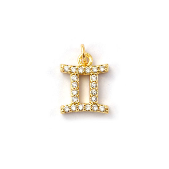 Immagine di 2 Pz Ecologico Ottone Ciondoli 18K Vero Oro Placcato Costellazione Gemelli Micro Spianare Trasparente Cubic Zirconiae 14mm x 9.5mm