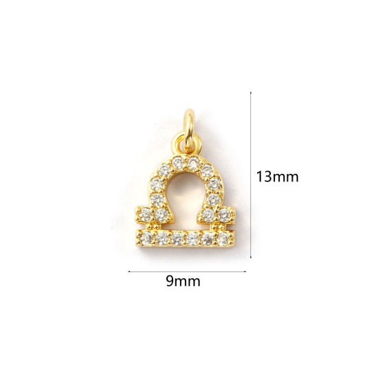 Immagine di 2 Pz Ecologico Ottone Ciondoli 18K Vero Oro Placcato Costellazione Libra Micro Spianare Trasparente Cubic Zirconiae 13mm x 9mm