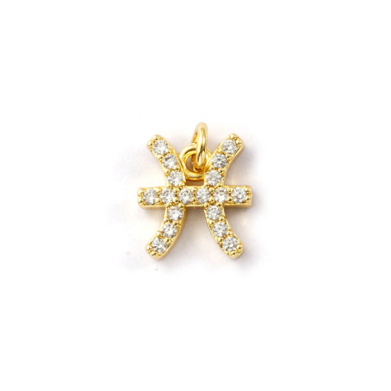 Immagine di 2 Pz Ecologico Ottone Ciondoli 18K Vero Oro Placcato Costellazione Pesci Micro Spianare Trasparente Cubic Zirconiae 11mm x 9mm