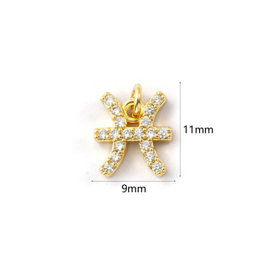 Immagine di 2 Pz Ecologico Ottone Ciondoli 18K Vero Oro Placcato Costellazione Pesci Micro Spianare Trasparente Cubic Zirconiae 11mm x 9mm