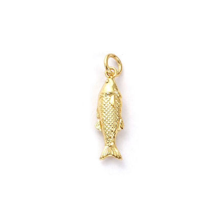 Picture of 2 PCs Eco-friendly Brass Ocean Jewelry Charms 18K Real Gold Plated Goldfish 3D 23mm x 6mm