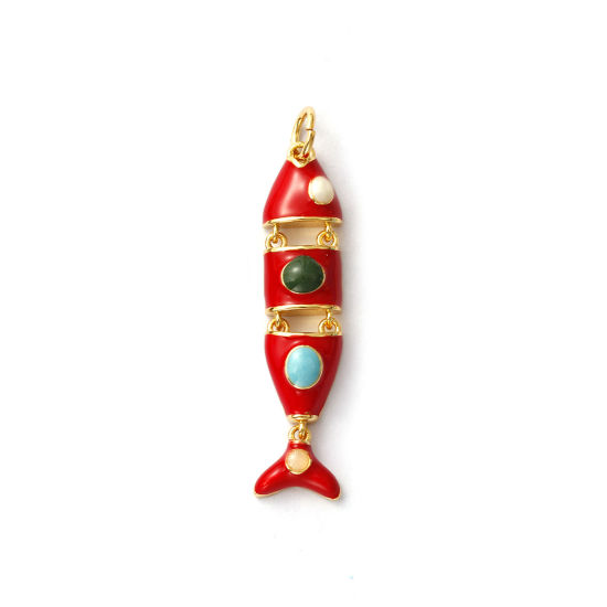 Immagine di 1 Pz Ecologico Ottone Gioielli Oceanici Ciondoli Pendenti 18K Vero Oro Placcato Rosso Smalto Pesce Mobile 3.6cm x 0.8cm