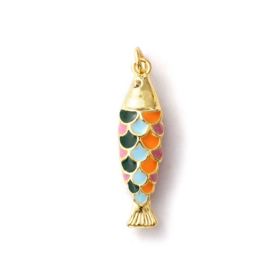 Immagine di 1 Pz Ecologico Ottone Gioielli Oceanici Ciondoli Pendenti 18K Vero Oro Placcato Multicolore Smalto Pesce 3D 3.2cm x 0.8cm