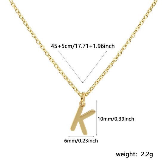 Immagine di 18K Vero Oro Placcato Catena a Cavo Collana con Ciondolo, Ottone 45cm + 5cm, Per Donne, Messaggio " K " Minimalista Lettera Maiuscola Regalo, Ecologico, 1 Pz