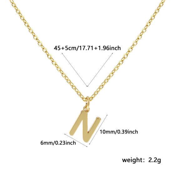Immagine di 18K Vero Oro Placcato Catena a Cavo Collana con Ciondolo, Ottone 45cm + 5cm, Per Donne, Messaggio " N " Minimalista Lettera Maiuscola Regalo, Ecologico, 1 Pz