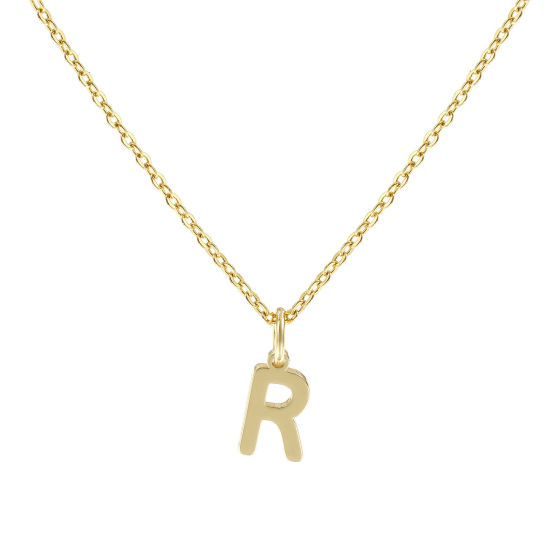 Immagine di 18K Vero Oro Placcato Catena a Cavo Collana con Ciondolo, Ottone 45cm + 5cm, Per Donne, Messaggio " R " Minimalista Lettera Maiuscola Regalo, Ecologico, 1 Pz