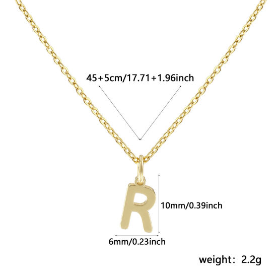 Immagine di 18K Vero Oro Placcato Catena a Cavo Collana con Ciondolo, Ottone 45cm + 5cm, Per Donne, Messaggio " R " Minimalista Lettera Maiuscola Regalo, Ecologico, 1 Pz