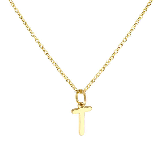 Immagine di 18K Vero Oro Placcato Catena a Cavo Collana con Ciondolo, Ottone 45cm + 5cm, Per Donne, Messaggio " T " Minimalista Lettera Maiuscola Regalo, Ecologico, 1 Pz