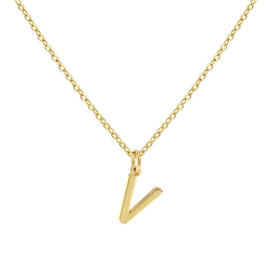 Immagine di 18K Vero Oro Placcato Catena a Cavo Collana con Ciondolo, Ottone 45cm + 5cm, Per Donne, Messaggio " V " Minimalista Lettera Maiuscola Regalo, Ecologico, 1 Pz