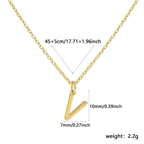 Immagine di 18K Vero Oro Placcato Catena a Cavo Collana con Ciondolo, Ottone 45cm + 5cm, Per Donne, Messaggio " V " Minimalista Lettera Maiuscola Regalo, Ecologico, 1 Pz