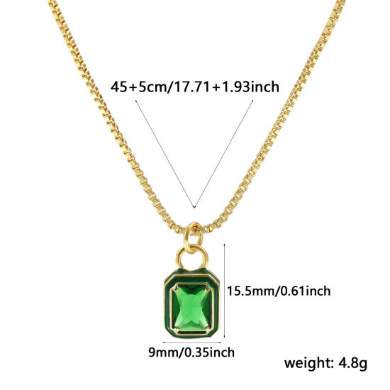 Immagine di 18K Vero Oro Placcato Catena a Casella Ottagono Collana con Ciondolo, Ottone & Vetro 45cm + 5cm, Per Donne, Verde Smalto Minimalista Squisito Regalo, Ecologico, 1 Pz