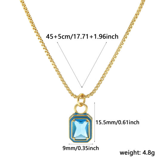 Immagine di 18K Vero Oro Placcato Catena a Casella Ottagono Collana con Ciondolo, Ottone & Vetro 45cm + 5cm, Per Donne, Blu Smalto Minimalista Squisito Regalo, Ecologico, 1 Pz
