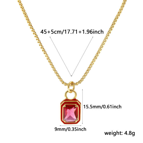 Immagine di 18K Vero Oro Placcato Catena a Casella Ottagono Collana con Ciondolo, Ottone & Vetro 45cm + 5cm, Per Donne, Rosso Smalto Minimalista Squisito Regalo, Ecologico, 1 Pz