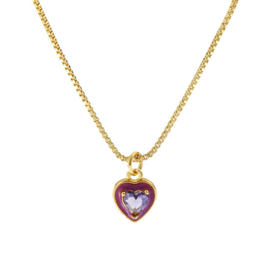 Immagine di 18K Vero Oro Placcato Catena a Casella Cuore Collana con Ciondolo, Ottone & Vetro 45cm + 5cm, Per Donne, Colore Viola Smalto Minimalista San Valentino Regalo, Ecologico, 1 Pz
