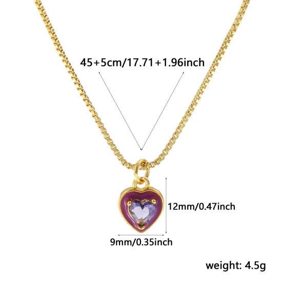 Immagine di 18K Vero Oro Placcato Catena a Casella Cuore Collana con Ciondolo, Ottone & Vetro 45cm + 5cm, Per Donne, Colore Viola Smalto Minimalista San Valentino Regalo, Ecologico, 1 Pz