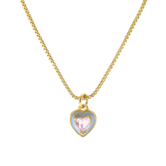 Immagine di 18K Vero Oro Placcato Catena a Casella Cuore Collana con Ciondolo, Ottone & Vetro 45cm + 5cm, Per Donne, Blu Chiaro Smalto Minimalista San Valentino Regalo, Ecologico, 1 Pz