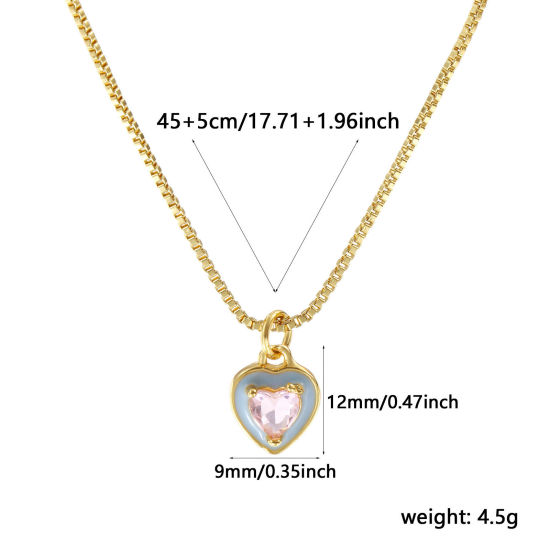 Immagine di 18K Vero Oro Placcato Catena a Casella Cuore Collana con Ciondolo, Ottone & Vetro 45cm + 5cm, Per Donne, Blu Chiaro Smalto Minimalista San Valentino Regalo, Ecologico, 1 Pz