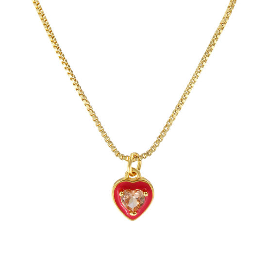 Immagine di 18K Vero Oro Placcato Catena a Casella Cuore Collana con Ciondolo, Ottone & Vetro 45cm + 5cm, Per Donne, Rosso Prugna Smalto Minimalista San Valentino Regalo, Ecologico, 1 Pz