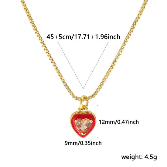 Immagine di 18K Vero Oro Placcato Catena a Casella Cuore Collana con Ciondolo, Ottone & Vetro 45cm + 5cm, Per Donne, Rosso Prugna Smalto Minimalista San Valentino Regalo, Ecologico, 1 Pz