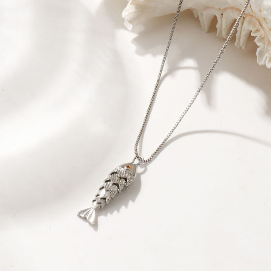 Bild von Echt Platin plattiert Venezianerkette Fisch Anhänger Halskette, Messing 45cm + 5cm, Für Frauen, Orange Zirkonia 3D Beweglich, Stilvoll Ozean Schmuck Geschenk, Umweltfreundlich, 1 Strang