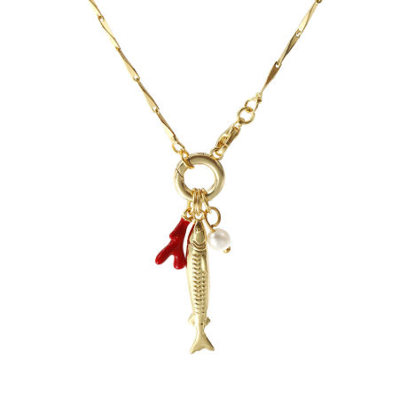 Picture of 18K Real Gold Plated Seeds Chain Fish Animal Pendant Charm Necklace, Brass & Natural Pearl 45cm(17.7"), For Women, Coralline Red Enamel With Spring Ring Clasp, Stylish Ocean Jewelry Gift, Eco-friendly, 1 Piece