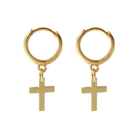 Picture of 1 Pair Eco-friendly Exquisite Religious 18K Real Gold Plated Brass Cross Hoop Earrings For Women Gift 3.1cm x 1.4cm, Post/ Wire Size: 1mm(18 gauge)
